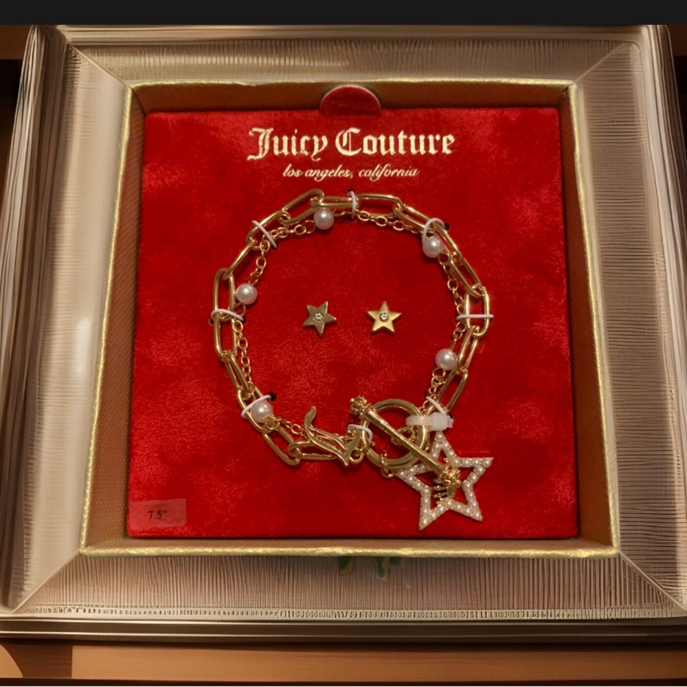 New Juicy Couture Set with Faux Pearl Star Bracelet & Earrings, Gift Box
